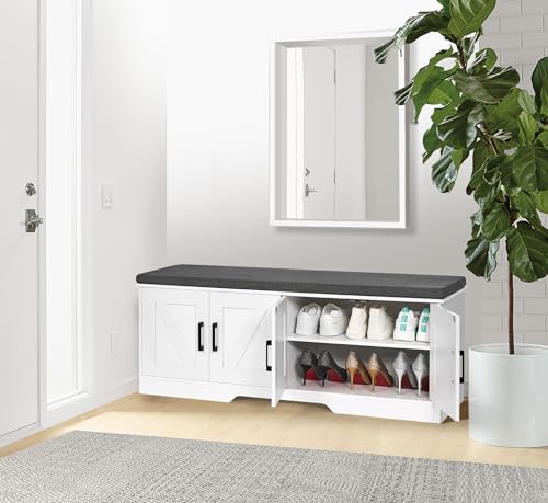 Farmhouse Shoe Storage Bench with 4 Barn Doors and Padded Seat Cushion