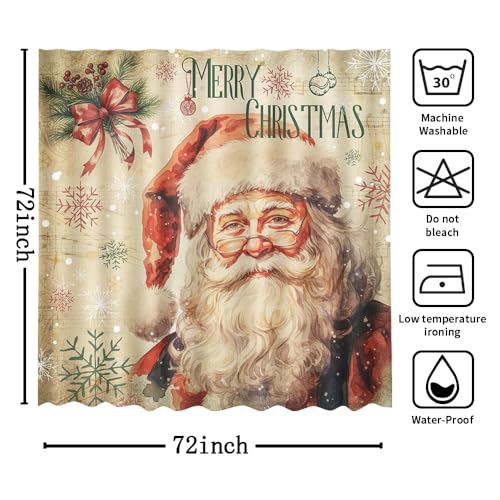 MEHOFOND Vintage Christmas Santa Claus Shower Curtain with Snowflake Design - Waterproof Fabric, 72x72 Inch, Includes 12 Hooks