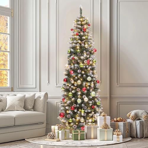 YITAHOME 6 FT Prelit Pre-Decorated Pencil Christmas Tree with Remote, Green Pine Cones