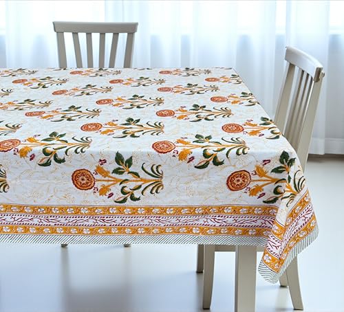 Fall Tablecloth 90x60 Inches - White Orange Floral Hand Block Print for Dining & Holiday Decor - Variation of White Orange Squash Floral Print