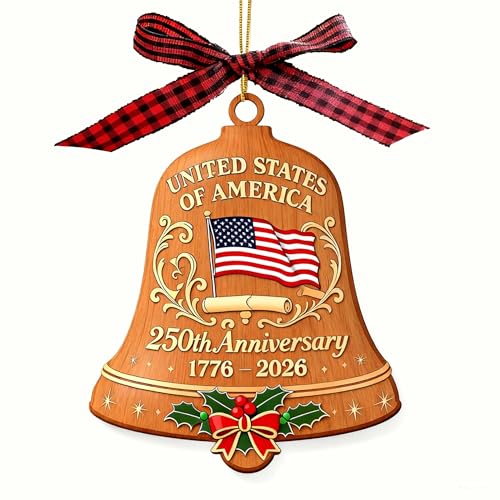 ERYRYIREI Brown Wooden American Flag Bell Ornament 3.9 Inch - 250th Anniversary USA Decor