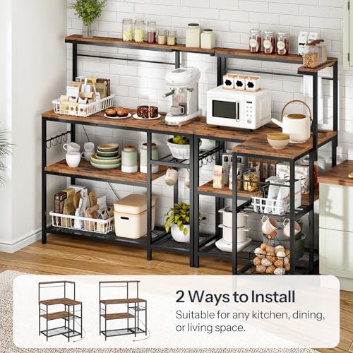 L-Shaped 4-Tier Bakers Rack with Power Outlet and Wine Storage, Rustic Brown