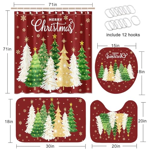 Christmas Tree Shower Curtain Set 4Pcs with Non-Slip Rug, Toilet Lid Cover & Bath Mat