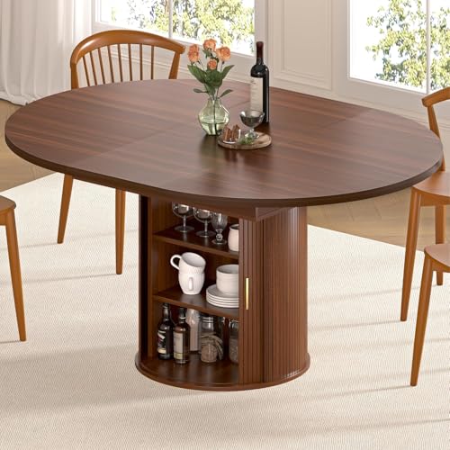 Extendable Round Dining Table with Storage Base, 47"-63" Walnut Wood Oval Table