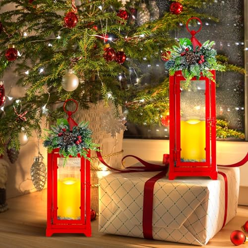 Baquler 2-Pc Red Christmas Lanterns with LED Candles – Farmhouse Metal Decor