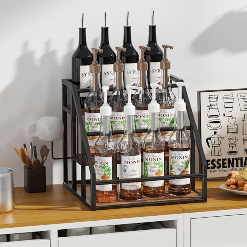 3-Tier Coffee Syrup Organizer Rack with Cup Holder, Rustic Countertop Shelf