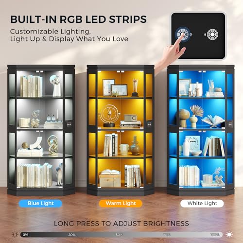67-Inch Corner Glass Display Cabinet with RGB Lights and Motion Sensor