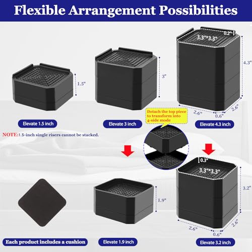 Black Bed Risers Heavy Duty 4 Pack - Adjustable Furniture Lifts 1.5-4.3 Inches