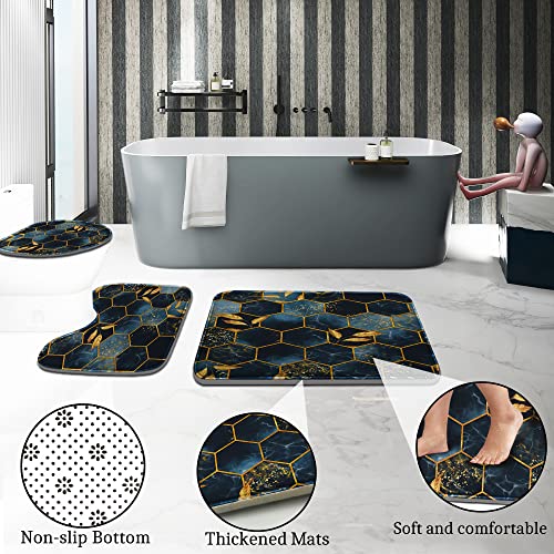 4-Piece Honeycomb Marble Shower Curtain Set with Non-Slip Bath Mat Rugs