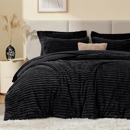 Fluffy Queen Comforter Set - 3 Piece Soft Faux Fur Stripe Bedding Set