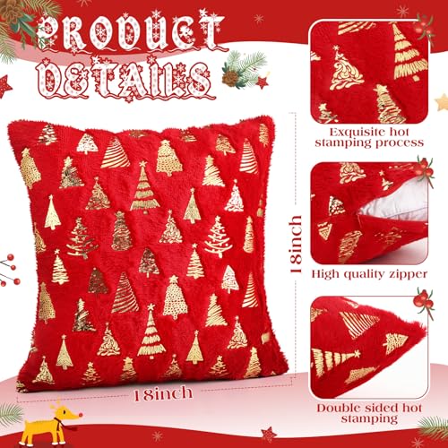 Amyhill Christmas Pillow Covers 18 x 18'' Set of 2 Double Sided Christmas Tree Pillow Cover Soft Plush Faux Fur Pillowcases for Couch Living Room Bed(Red)