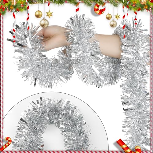33ft Silver Metallic Tinsel Garland for Christmas Tree & Holiday Decor