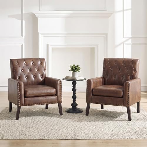 Mid-Century Modern Faux Leather Accent Chairs, Set of 2