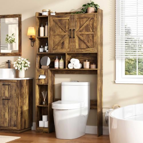 Over The Toilet Storage Cabinet with Barn Doors, Rustic Bathroom Rack