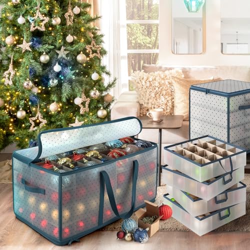 Large Christmas Ornament Storage Box with Adjustable Dividers for 128 Ornaments