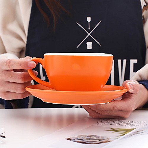 Coffeezone Matte Orange 10.5 oz Ceramic Latte Art Cup & Saucer for Coffee & Cappuccino