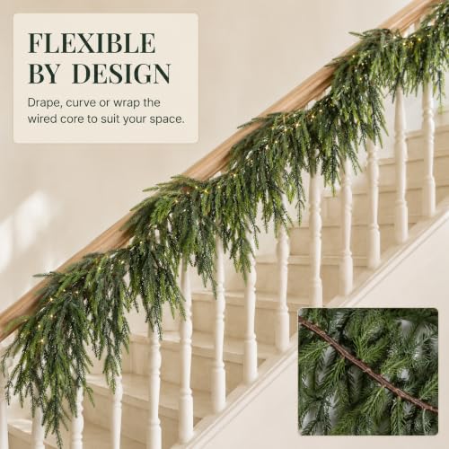 9FT NorfolK Pine Christmas Garland with 50 Warm LEDs, Battery-Operated