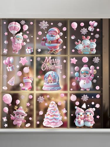 Qc3048 Pink Christmas Window Clings - 9 Sheets Holiday Decor for Glass Windows
