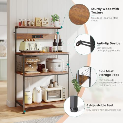 23.6-Inch Kitchen Bakers Rack with Power Outlet and 3 Adjustable Shelves
