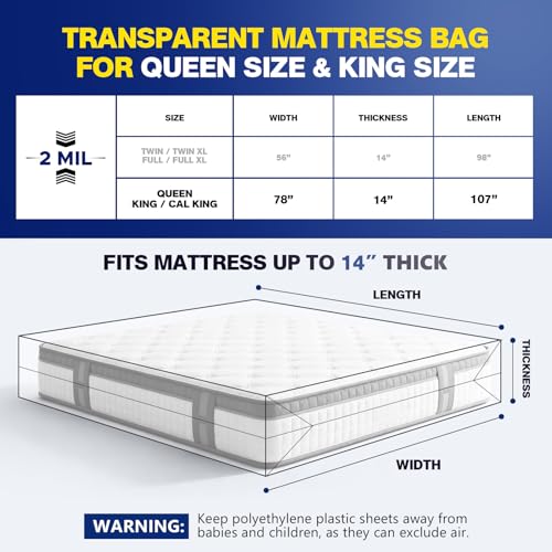 Heavy-Duty Plastic Mattress Bags for Moving & Storage - King/Queen 2-Pack
