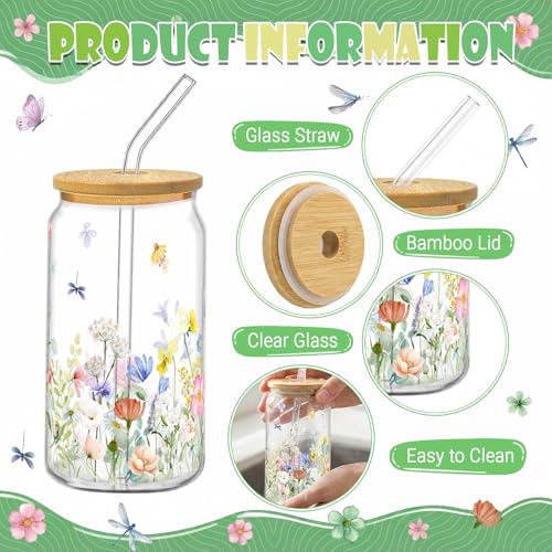 Floral Glass Cups with Bamboo Lids and Straws, 16oz Set of 4