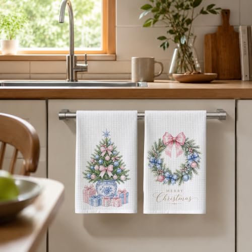 Zewepri Chinoiserie Christmas Kitchen Towels Set of 2 - Pink Bow, 16 x 24 inches (Variation: Pink Bow Christmas Tree)