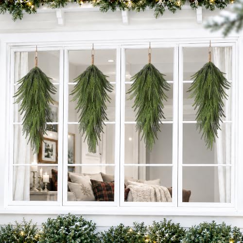 UAPINO 4-Piece 30'' Norfolk Pine Teardrop Swag Set for Door (4 Pieces, 30in Each)