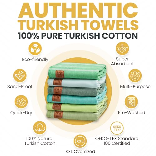Turkish Beach Towel Set of 6 - 100% Cotton Oversized Quick Dry Sand Free