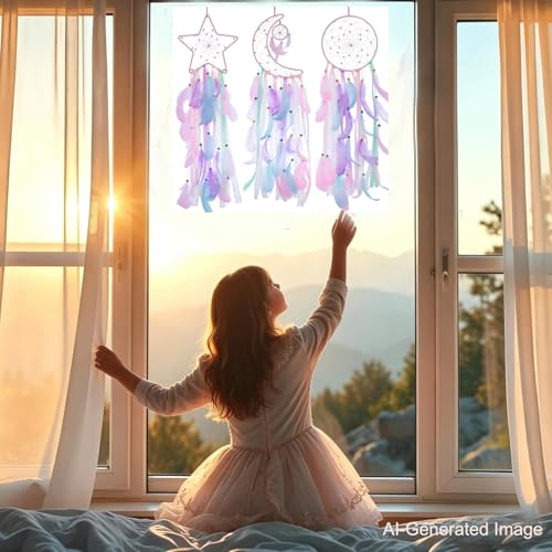 3-Piece Pink Dream Catcher Set - Star, Moon & Sun Wall Decor for Girls Room
