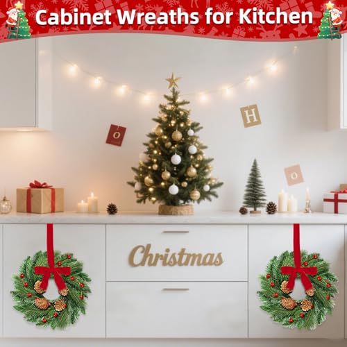 AMENON 4 Pcs Mini Christmas Wreaths for Kitchen Cabinets, Holiday Decor