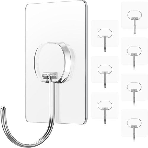 JINSHUNFA Heavy Duty Adhesive Wall Hooks - 13LB No Drill Transparent Waterproof - 8 Pack for Bathroom & Kitchen