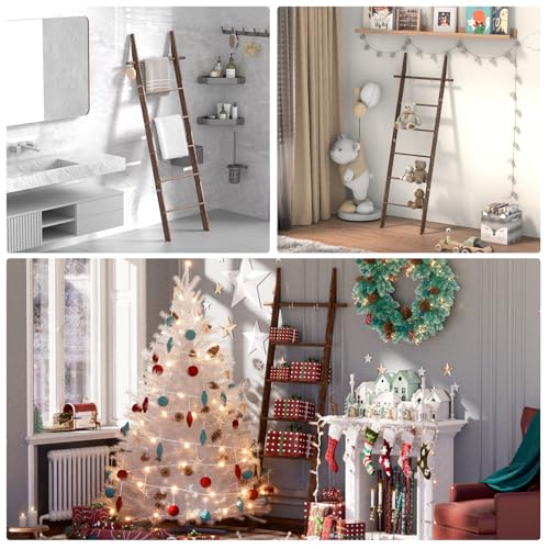 6-Tier Wooden Blanket Ladder with Hooks - Rustic Farmhouse Towel Rack
