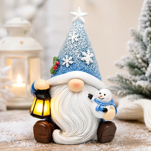 Blue Lighted Christmas Gnome Decor with Timer – Resin Snowman Figurine