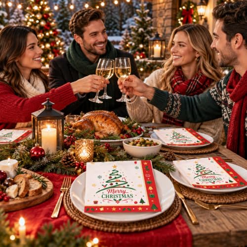 Christmas Tree Party Napkins - 50 Pack, 6.5 Inch Holiday Cocktail Paper Napkins