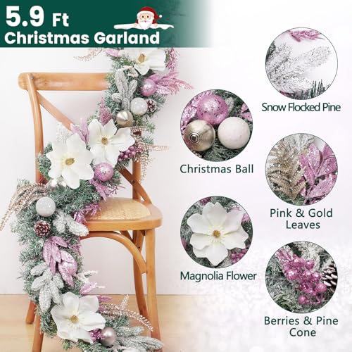 Elyum 6ft Pink Christmas Garland with Lights & Magnolia Flowers — Indoor & Outdoor Holiday Decor, 1 Piece