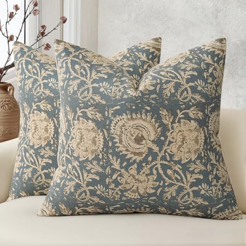 Vintage Floral Throw Pillow Covers 18x18 Set of 2 - Dusty Blue