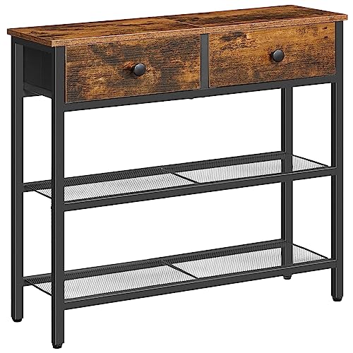 Narrow Console Table with 2 Fabric Drawers & 3-Tier Shelves - Rustic Brown