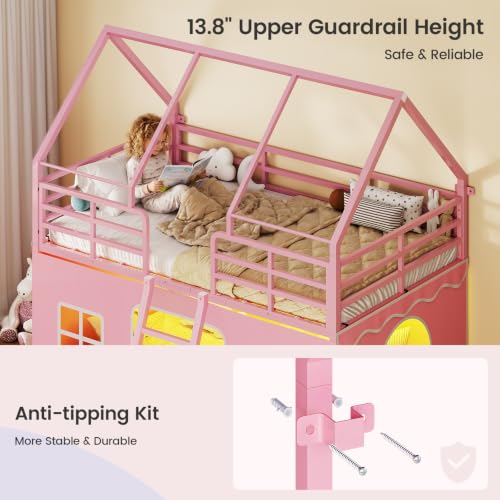 Twin Over Twin Metal Bunk Bed with LED Lights and Play Tent Curtains