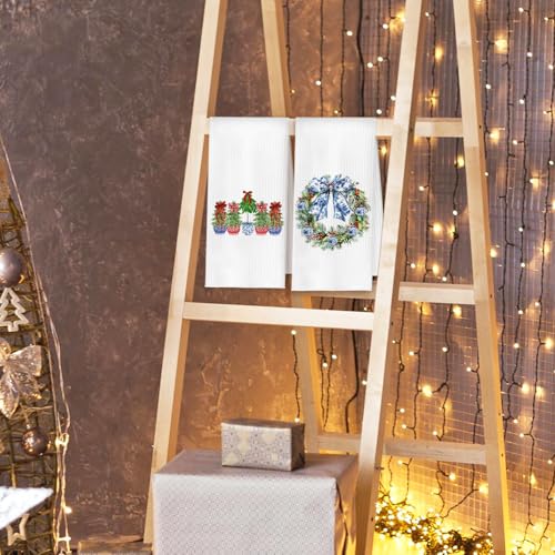 Chinoiserie Christmas Kitchen Towels Set of 2 - Tree Wreath Casual Variation, Blue & White Holiday Decor
