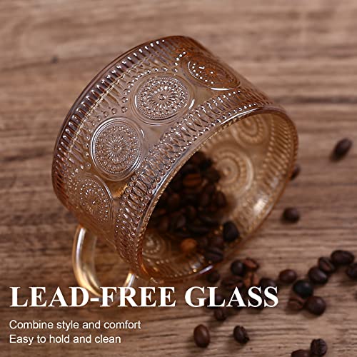 JVJRFQ Amber Vintage Glass Coffee Mugs Set of 2 with Bamboo Lids & Spoons, 14 Oz Breakfast Cups for Coffee & Yogurt