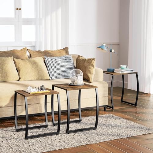 3-Piece Nesting End Table Set, Rustic Wood and Metal Stacking Tables
