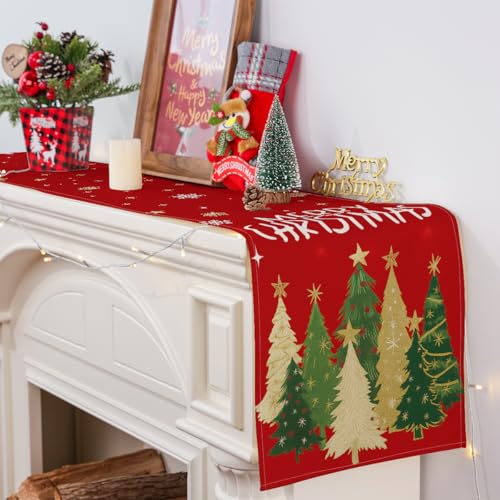 Siilues Christmas Table Runner 13x36 in - Trees, Snowflakes & Merry Christmas, Holiday Decor