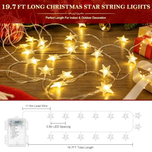 Battery Operated 20ft Christmas Star String Lights with 60 Warm White LEDs