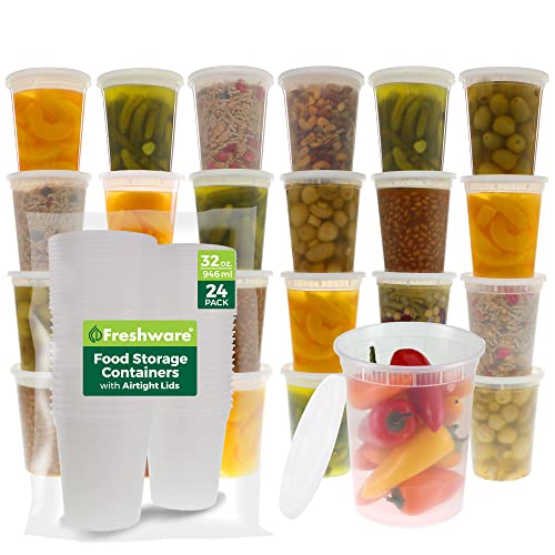 32 oz Plastic Food Storage Containers with Lids - 24 Pack, Leakproof & BPA Free