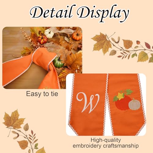 Monogrammed Fall Wreath Sash - Letter W Orange Bow Ribbon Decor (2 Pack)