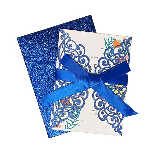 Fashmade Blue 50Pcs Laser Cut Wedding Invitations with Glitter Envelopes & Ribbons (Blank Inside) 5x7 in