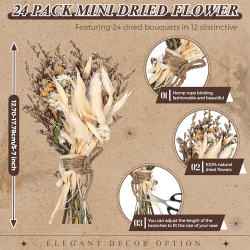 24 Pcs Mini Dried Flower Bouquets, Natural Boho Floral Decor for Weddings