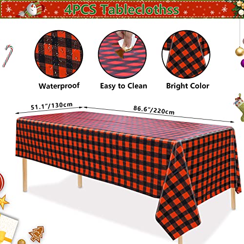 Red & Black Buffalo Plaid Tablecloths 4 Pack 51x86in - Disposable Plastic Party Table Cover