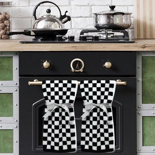 Black and White Cotton Hand Towels, 13x29 Inch Checkered Set of 4