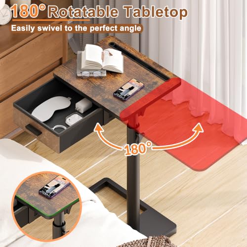C-Shaped Height Adjustable Side Table with Drawer and Swivel Top